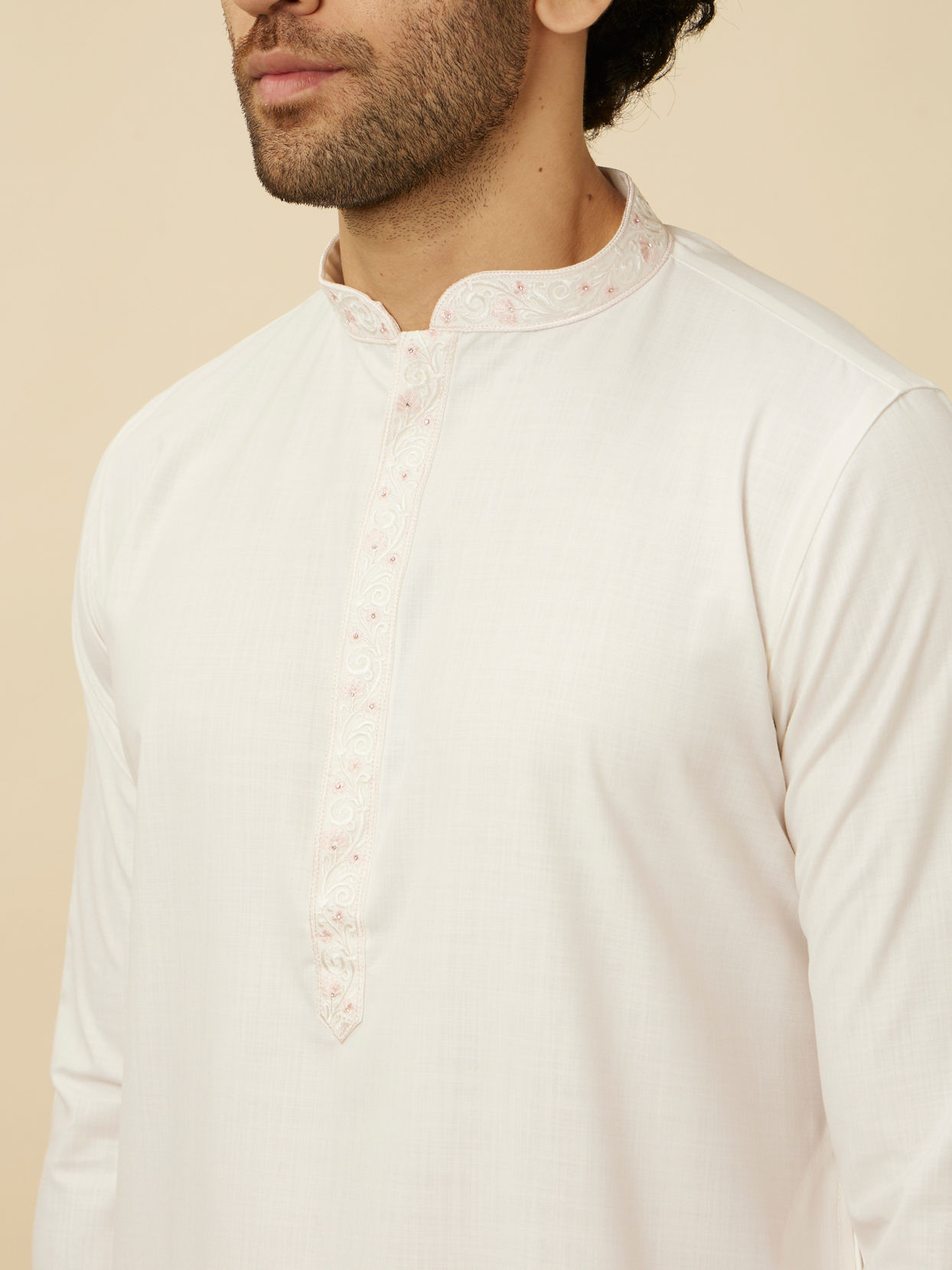 Pristine White Kurta Set with Embroidered Placket and Neckline image number 1